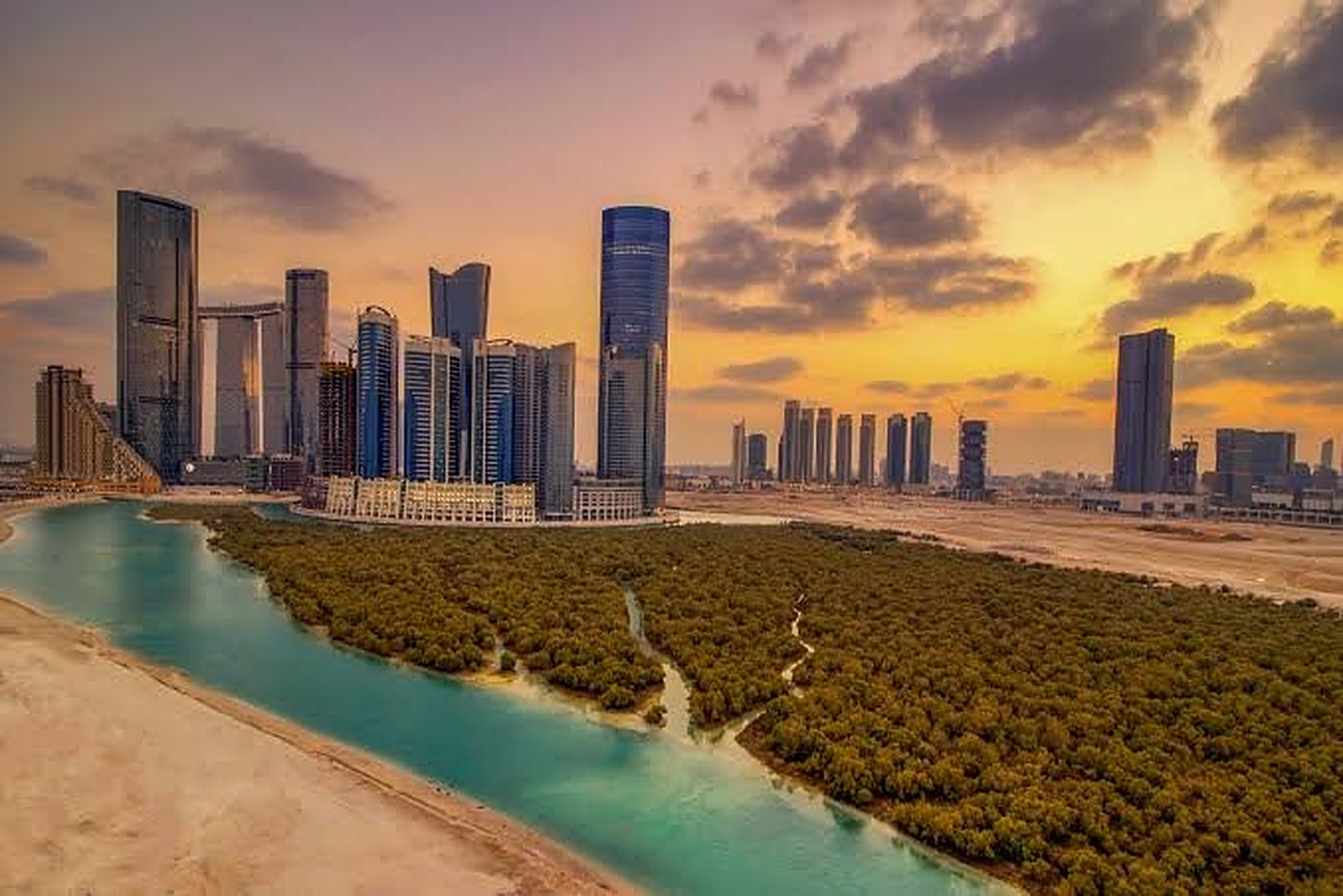 Al Reem Island skyline and mangroves at sunset