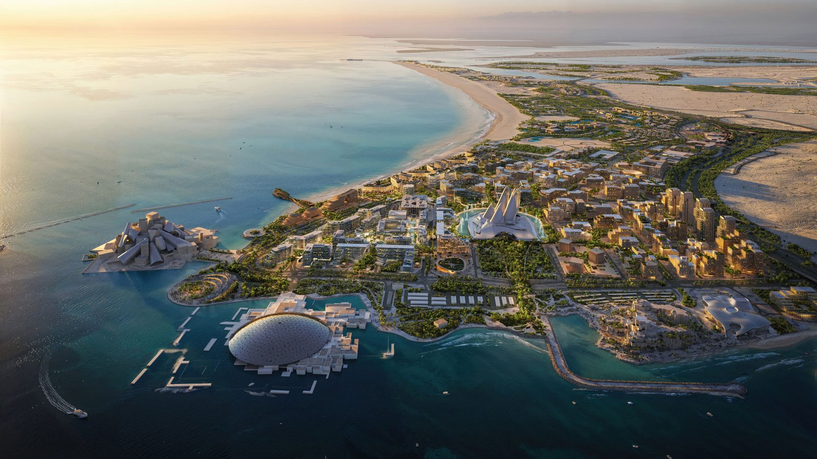 Saadiyat Cultural District aerial at dusk