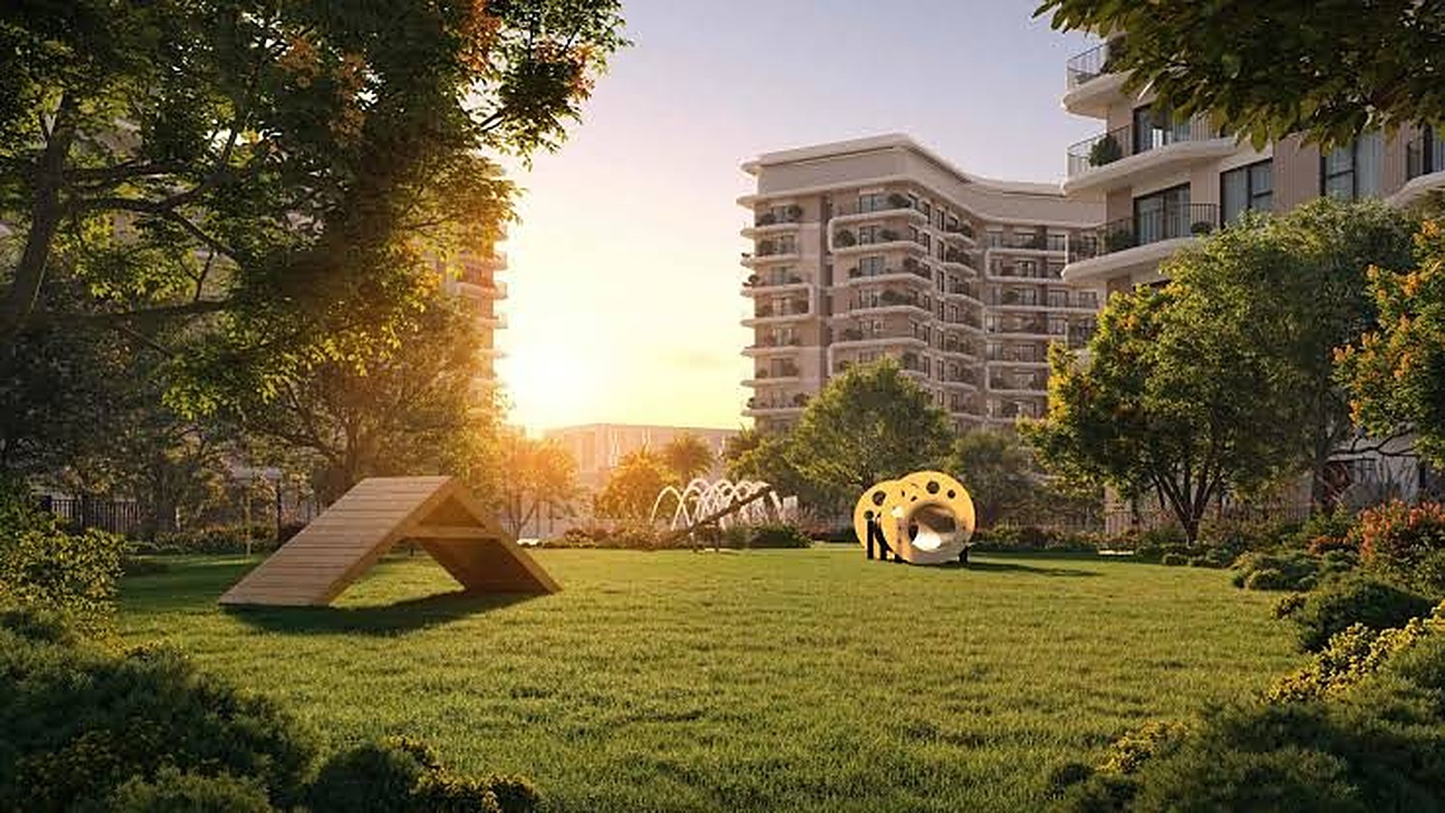 A green park on Yas Island with a playground sculpture