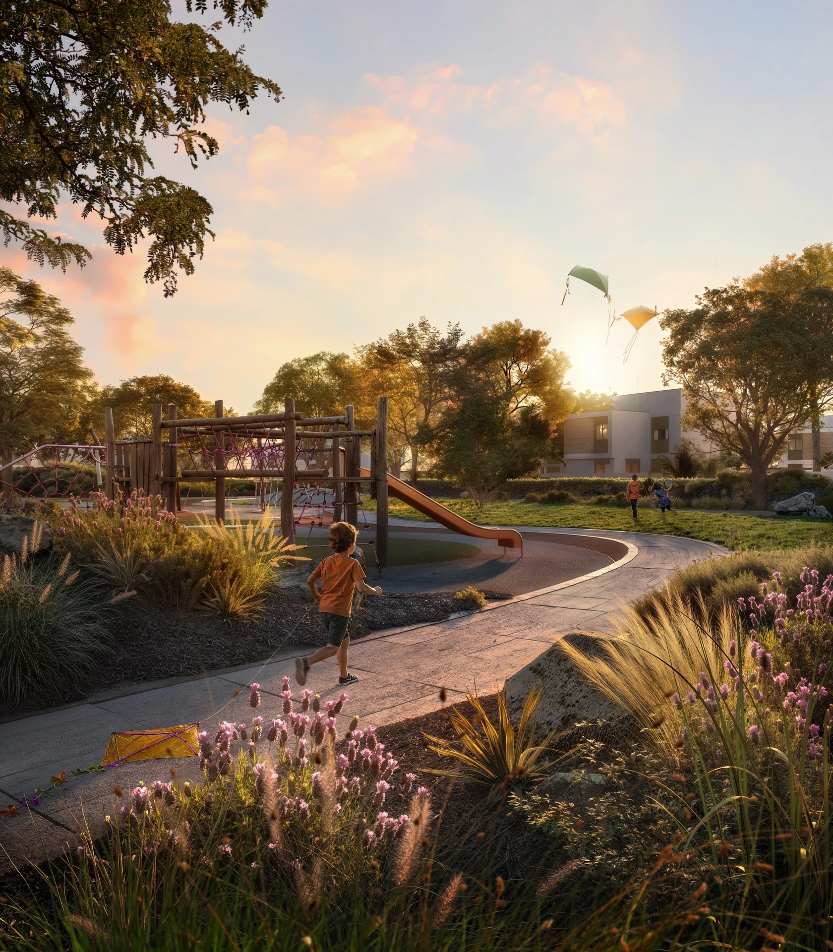 Illustrative landscaped play-area render at Al Ghadeer Parks 1