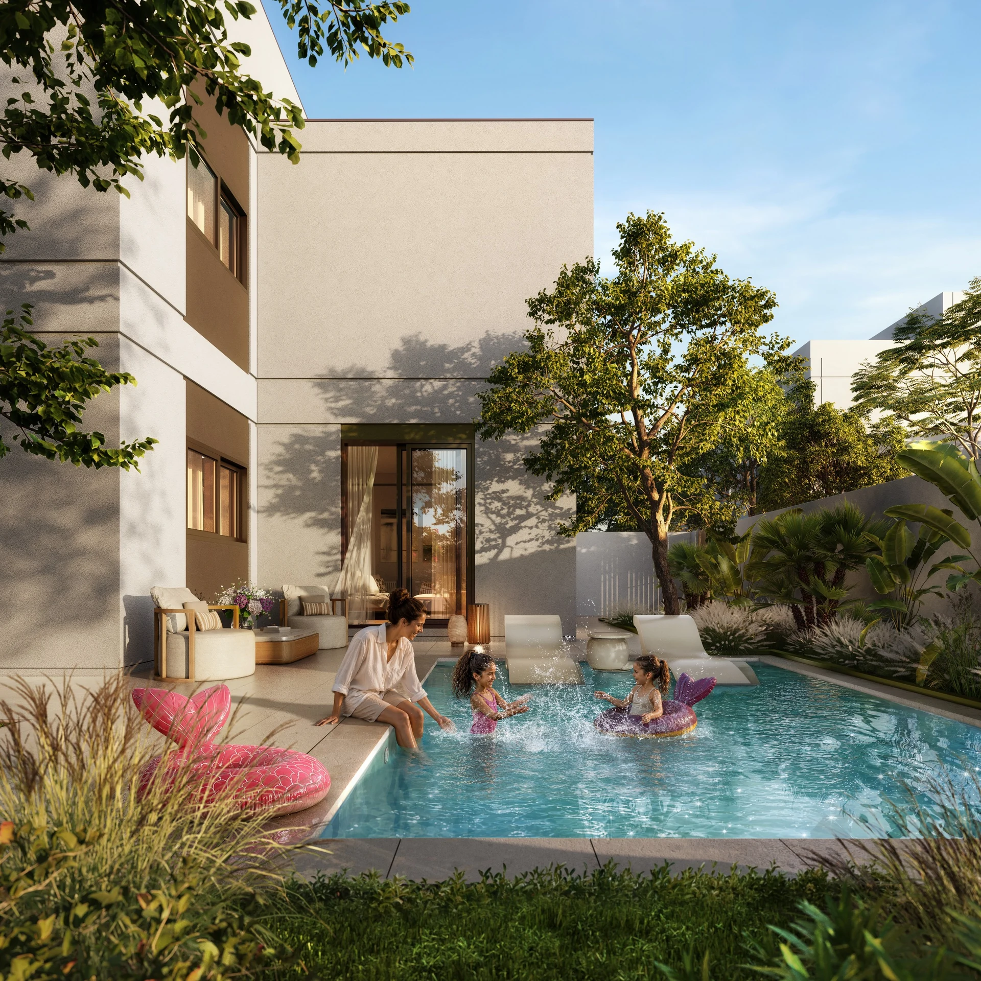 Illustrative villa and private-pool render at Al Ghadeer Parks 1