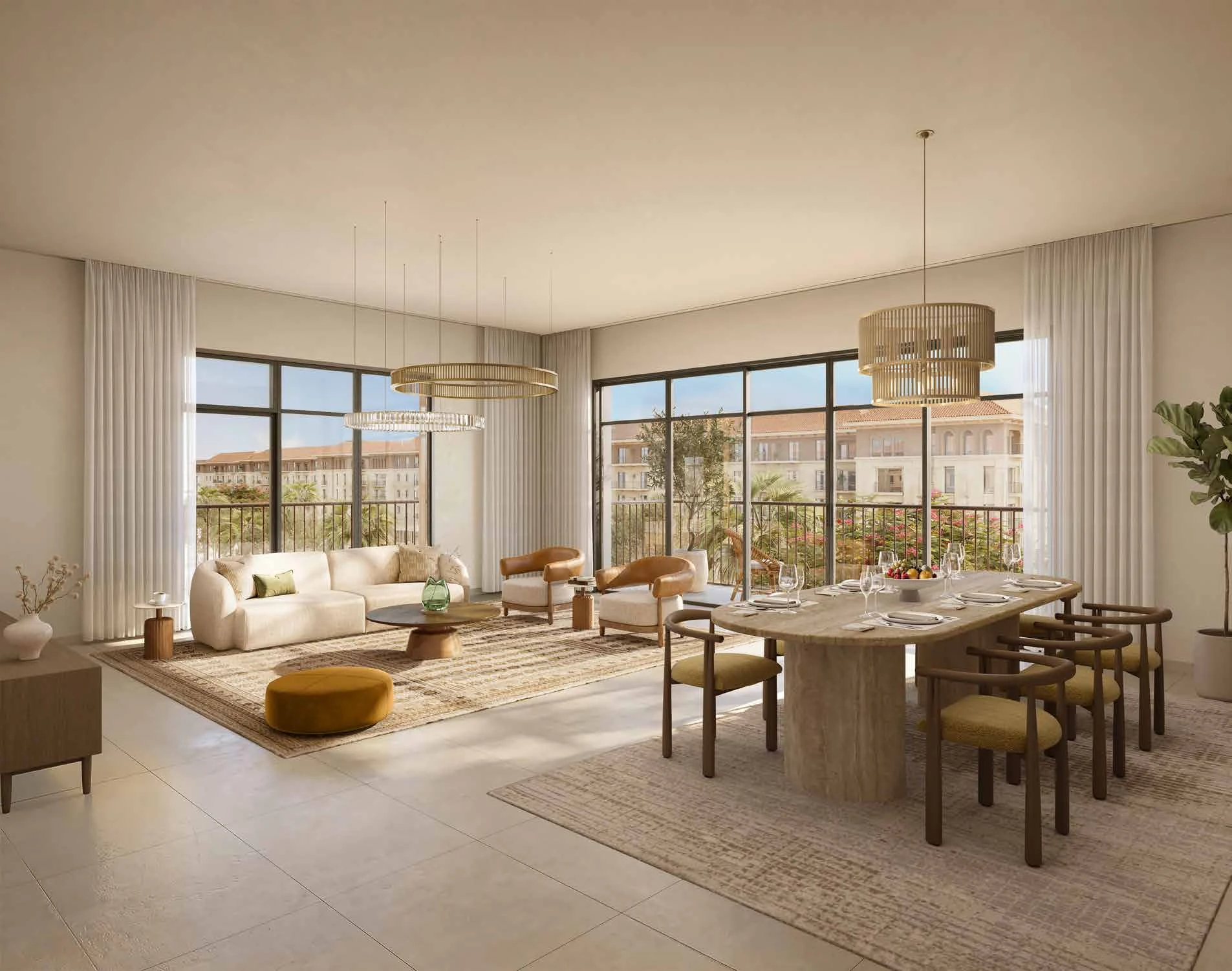 Apartment living and dining interior render