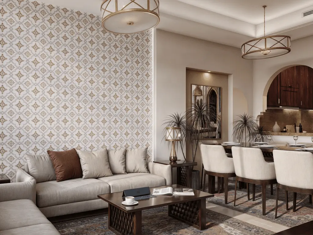 Living and dining interior render at Bab Al Qasr Residence 31