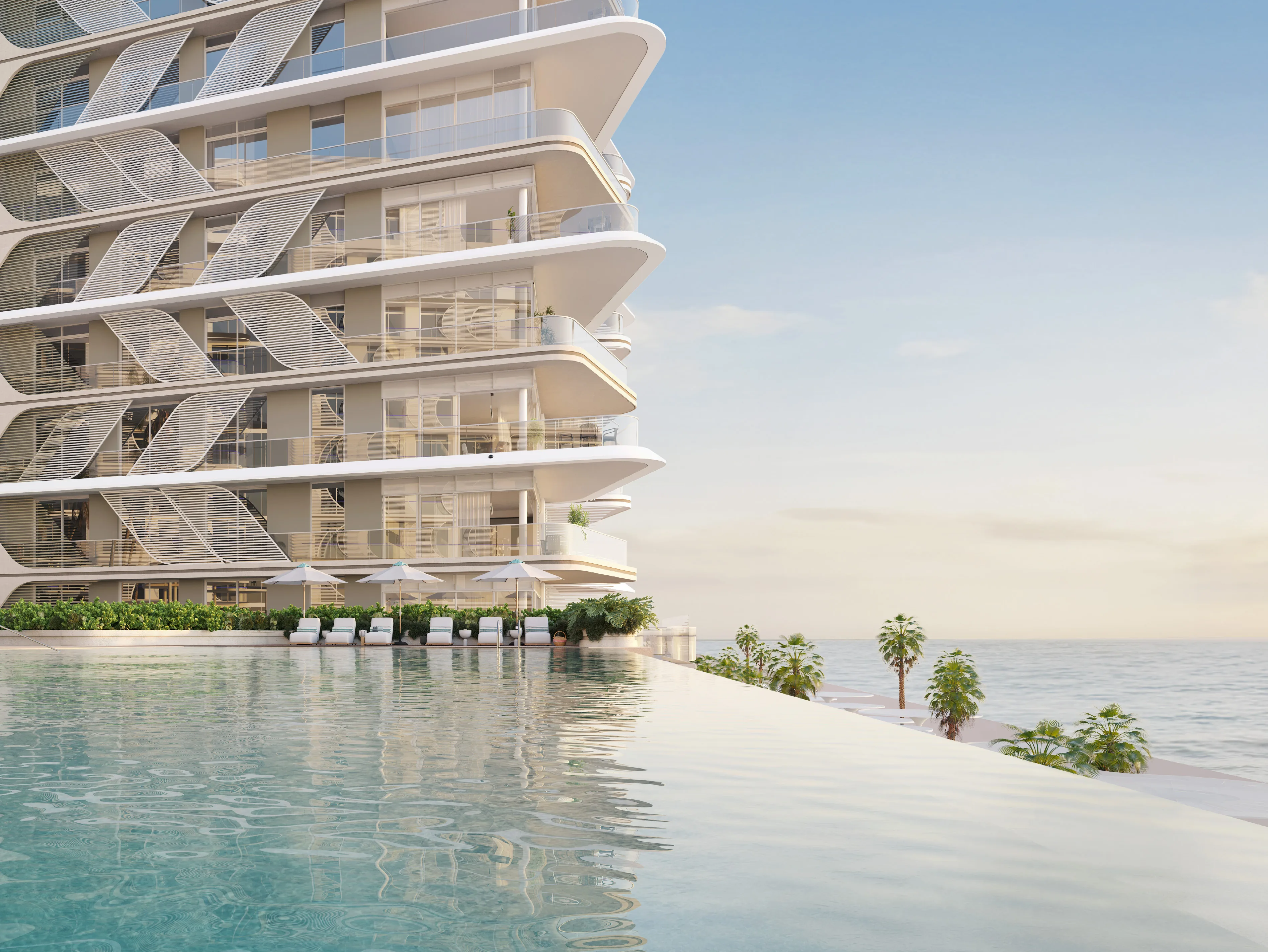 Infinity pool and residential buildings at Fahid Beach Residences