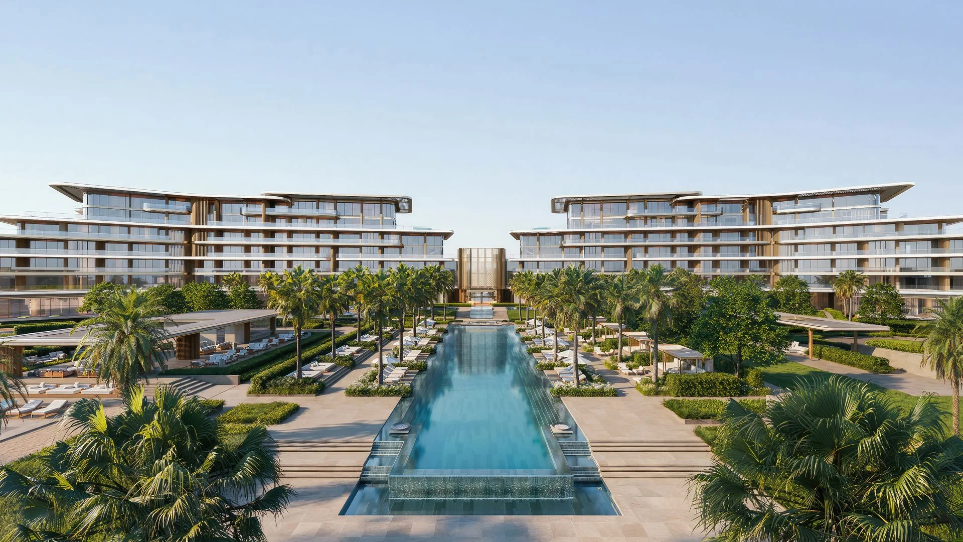 Pool court and residential buildings at Four Seasons Private Residences Saadiyat Beach