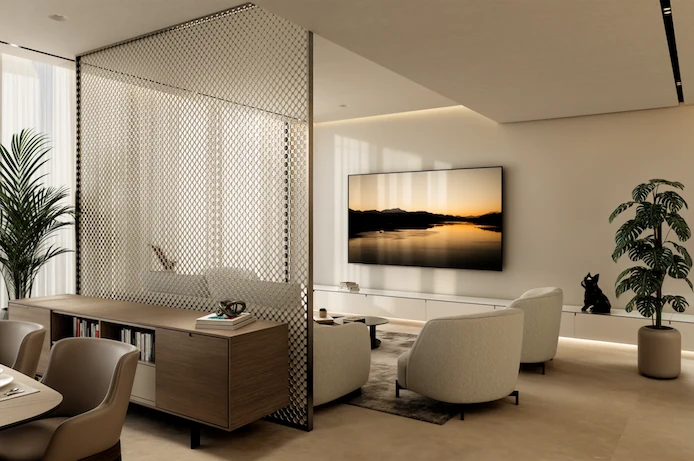 HENGE Residences living room interior render with textured divider and contemporary seating