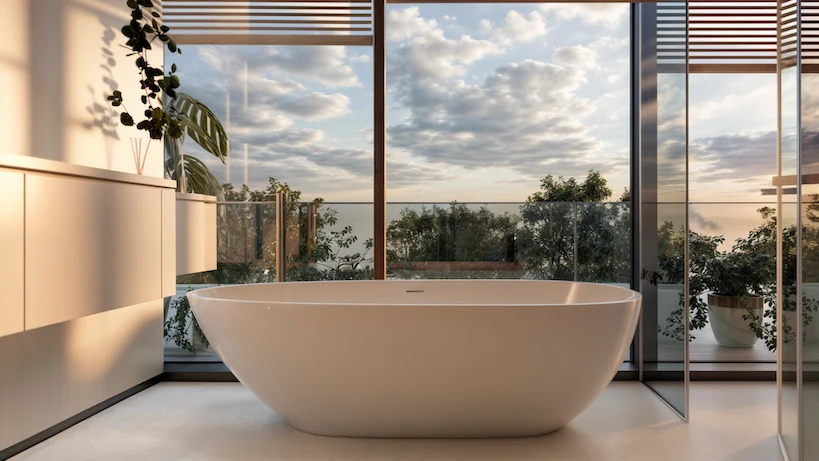 HENGE Residences master bathroom interior render with freestanding bath and glazed terrace