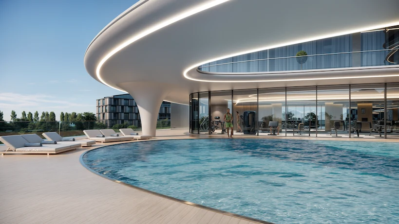 HENGE Residences poolside architectural render with curved canopy and glazed fitness space
