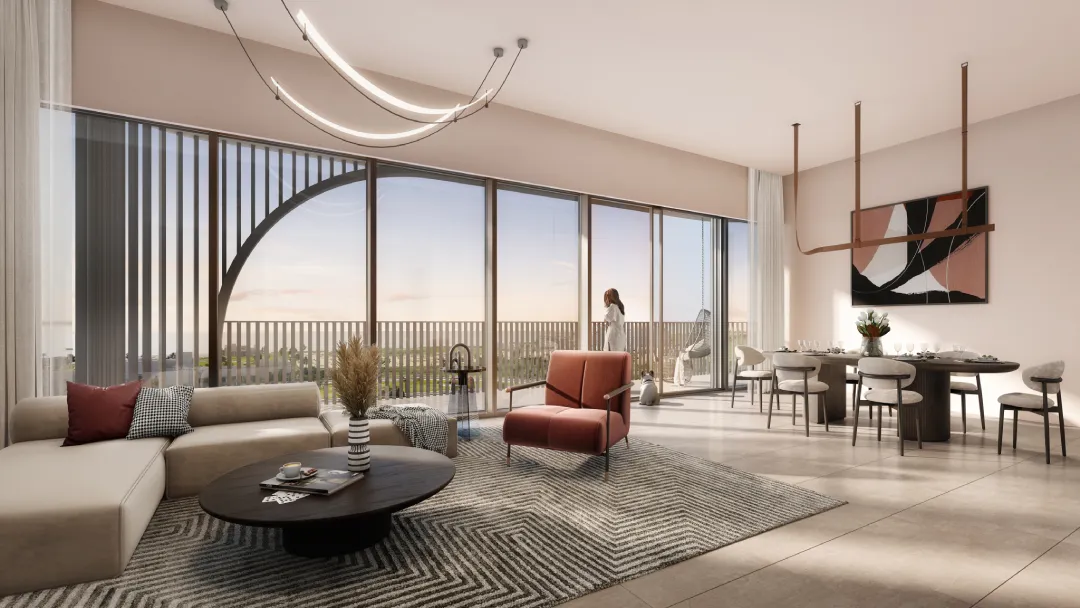 Illustrative living and dining interior render at Manarat Living III