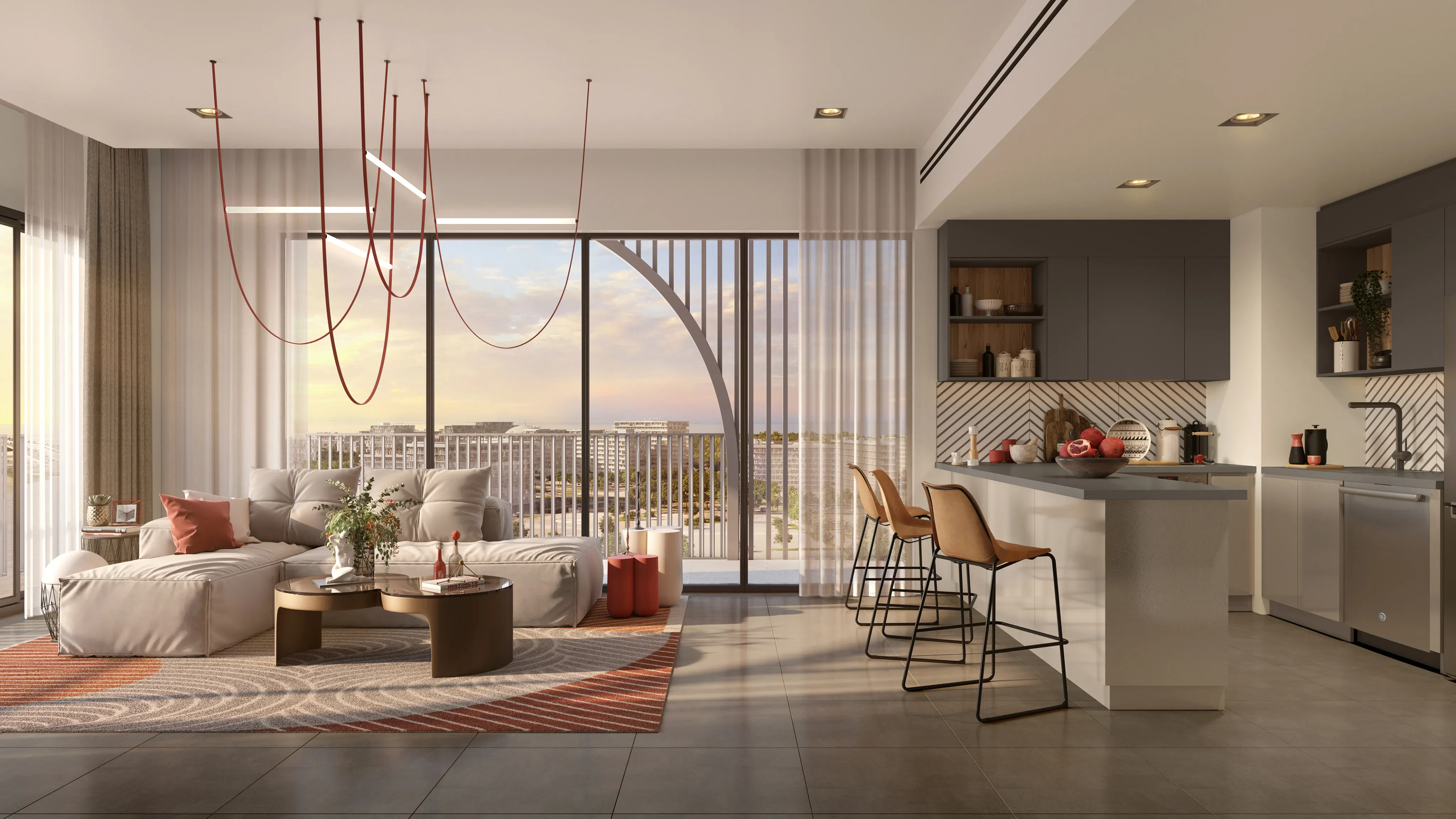 Illustrative kitchen and living interior render at Manarat Living III