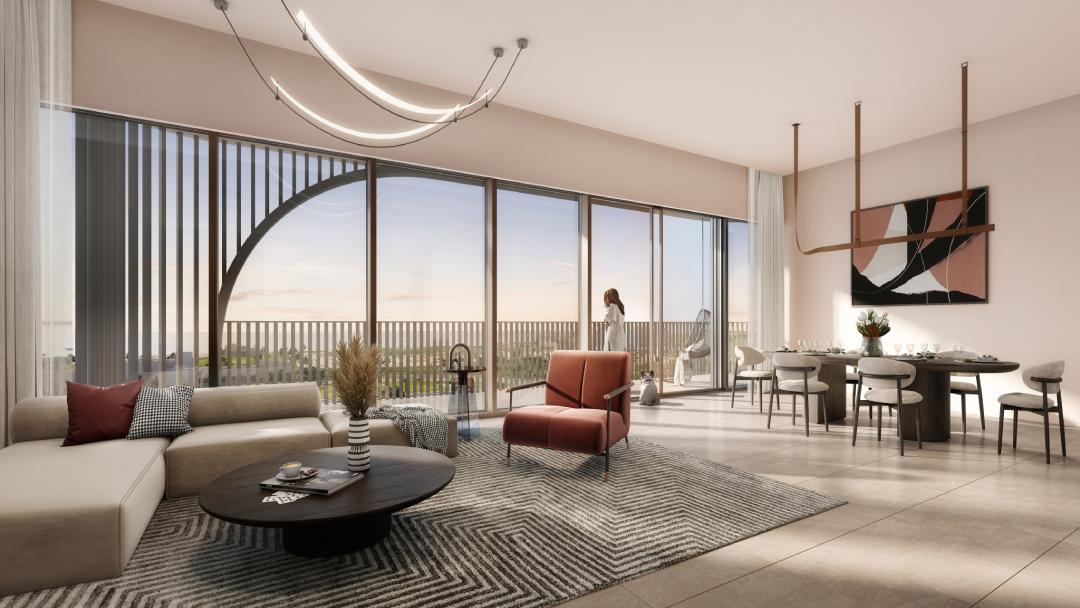 Illustrative living and dining interior render at Manarat Living III