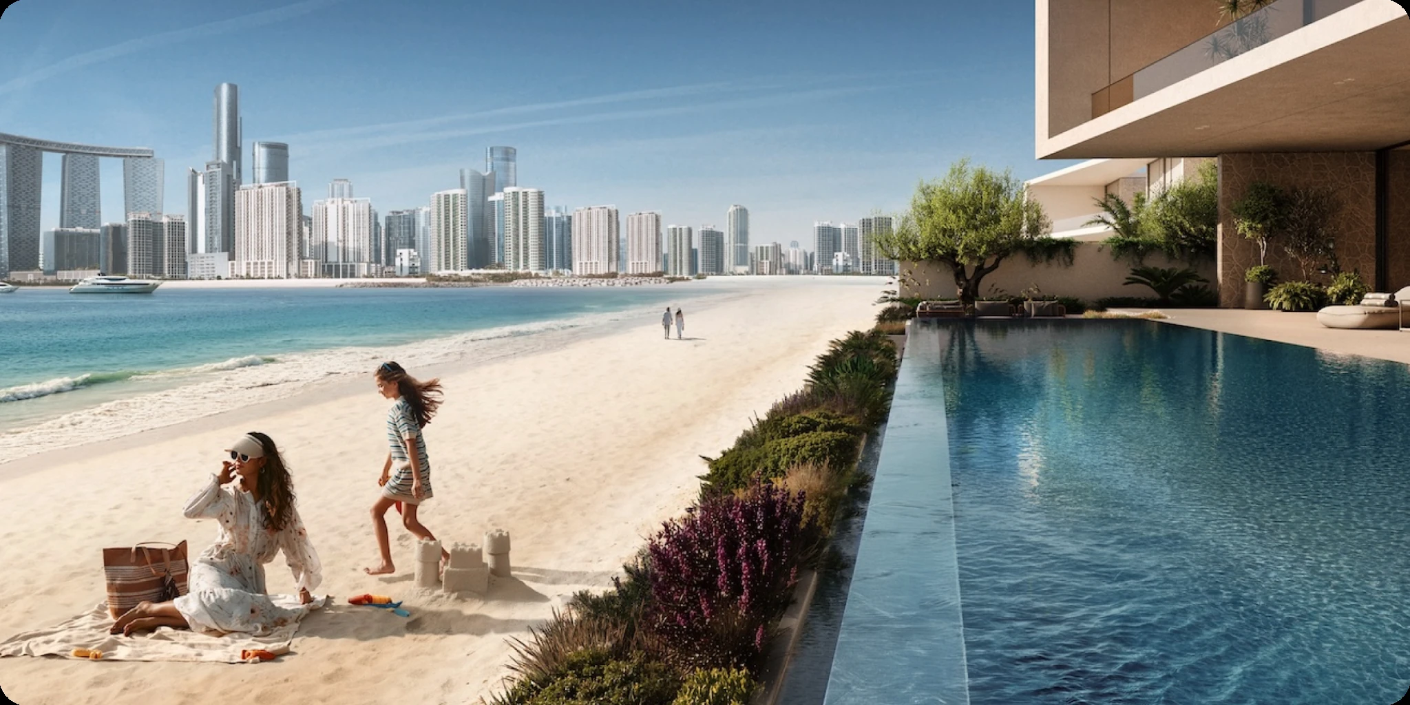 Beachfront and poolside residential render at Marsa Al Saadiyat