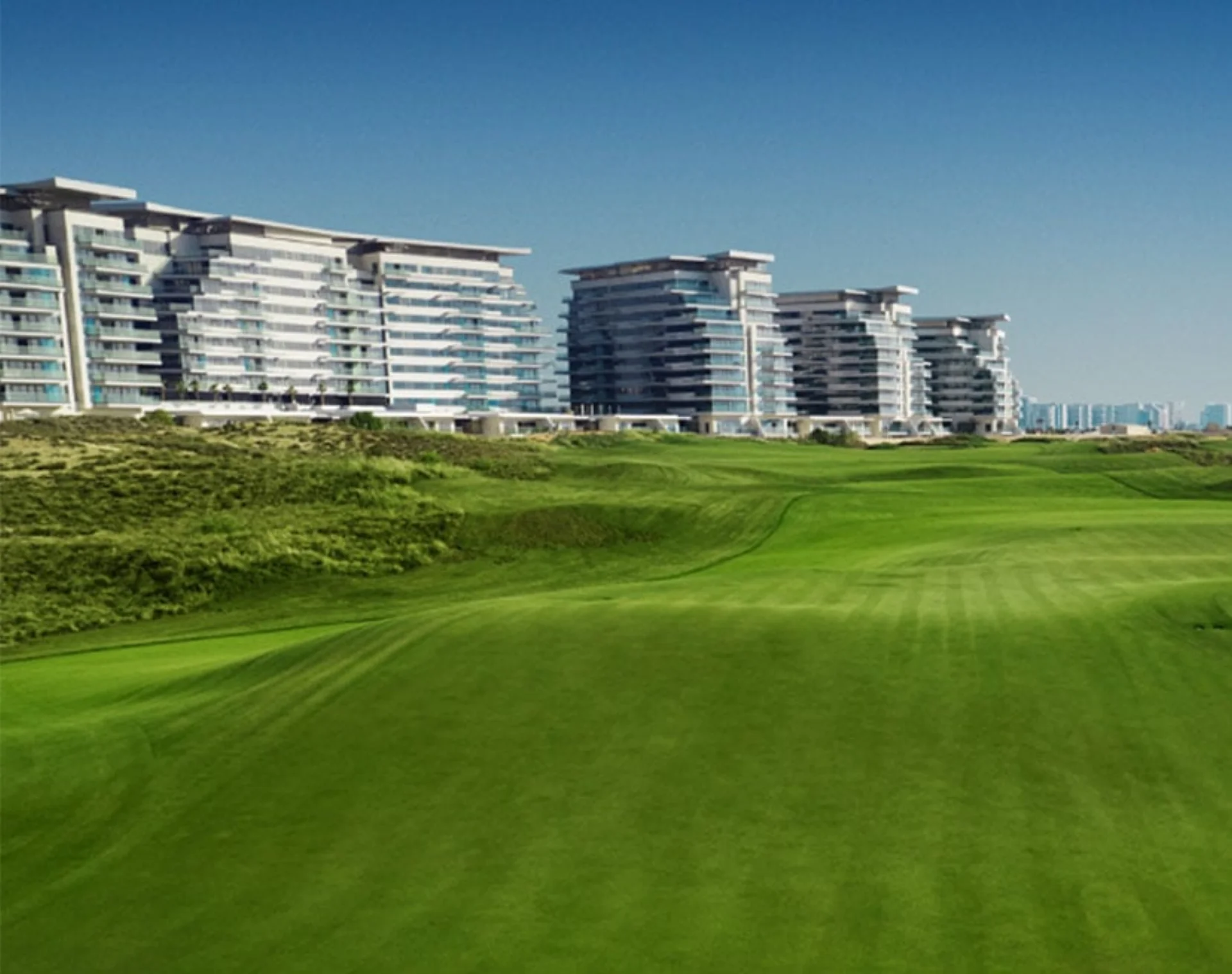 Mayan residential buildings overlooking Yas Island golf course, Abu Dhabi