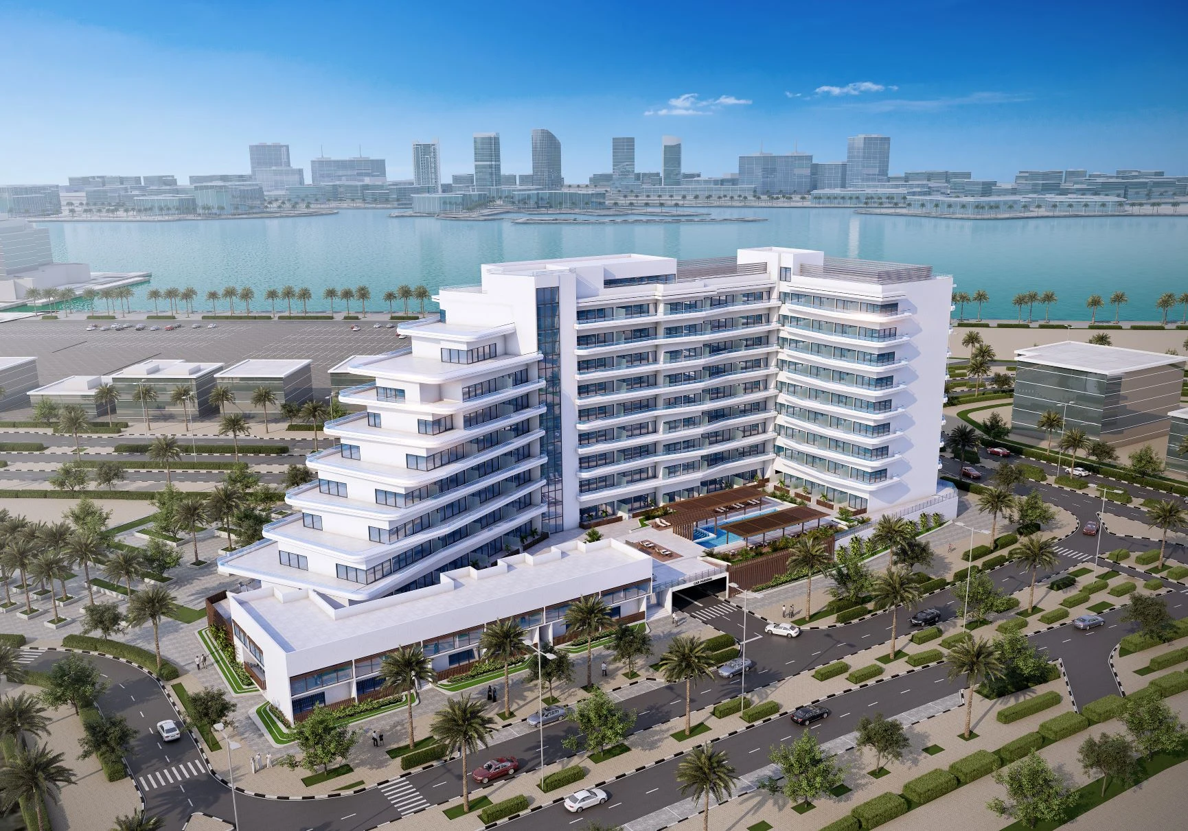 Official elevated exterior view of Mayyas at the Bay on Yas Island