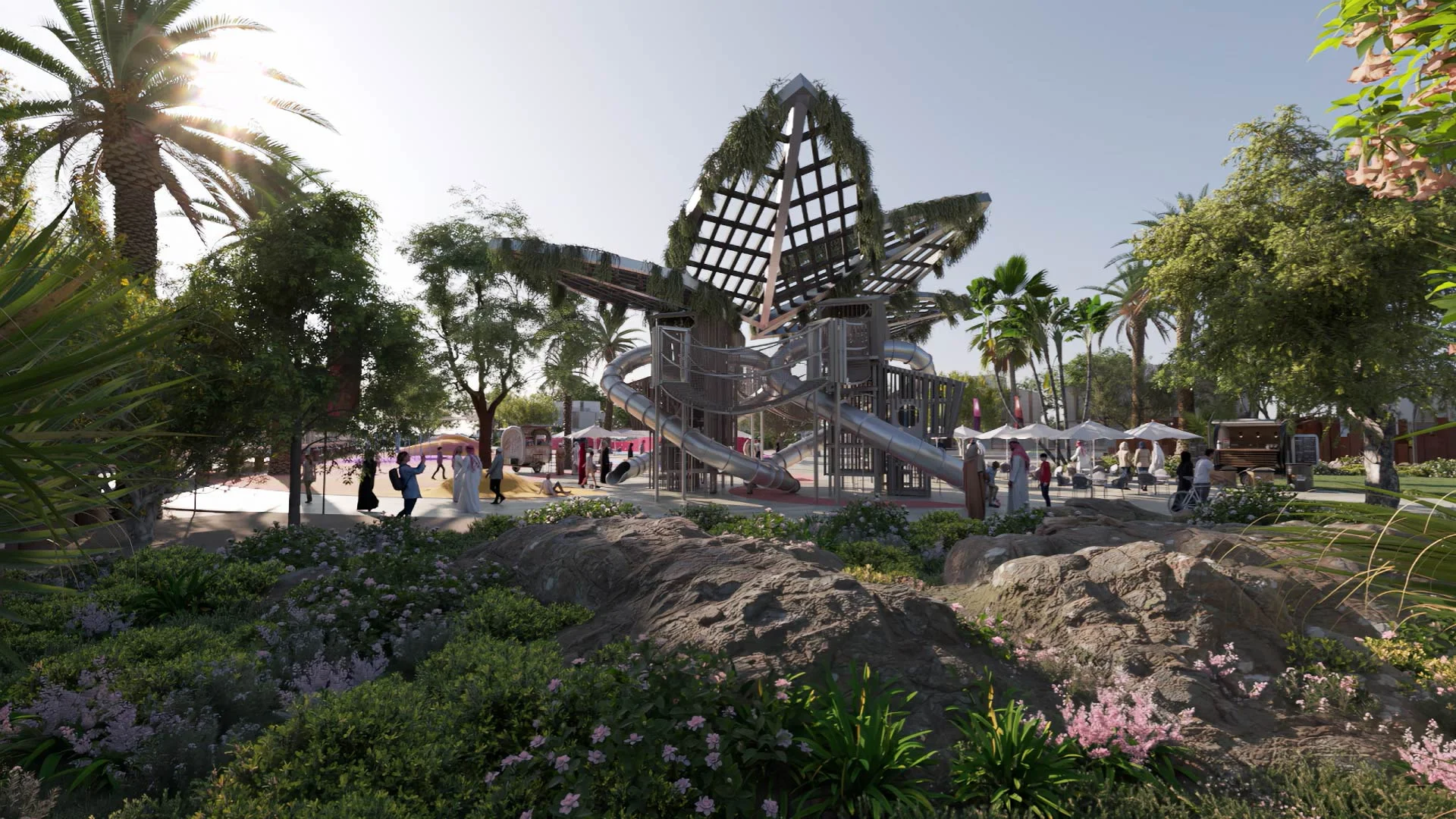 Saadiyat Lagoons Aldar community external render with playground structure, Saadiyat Island Abu Dhabi