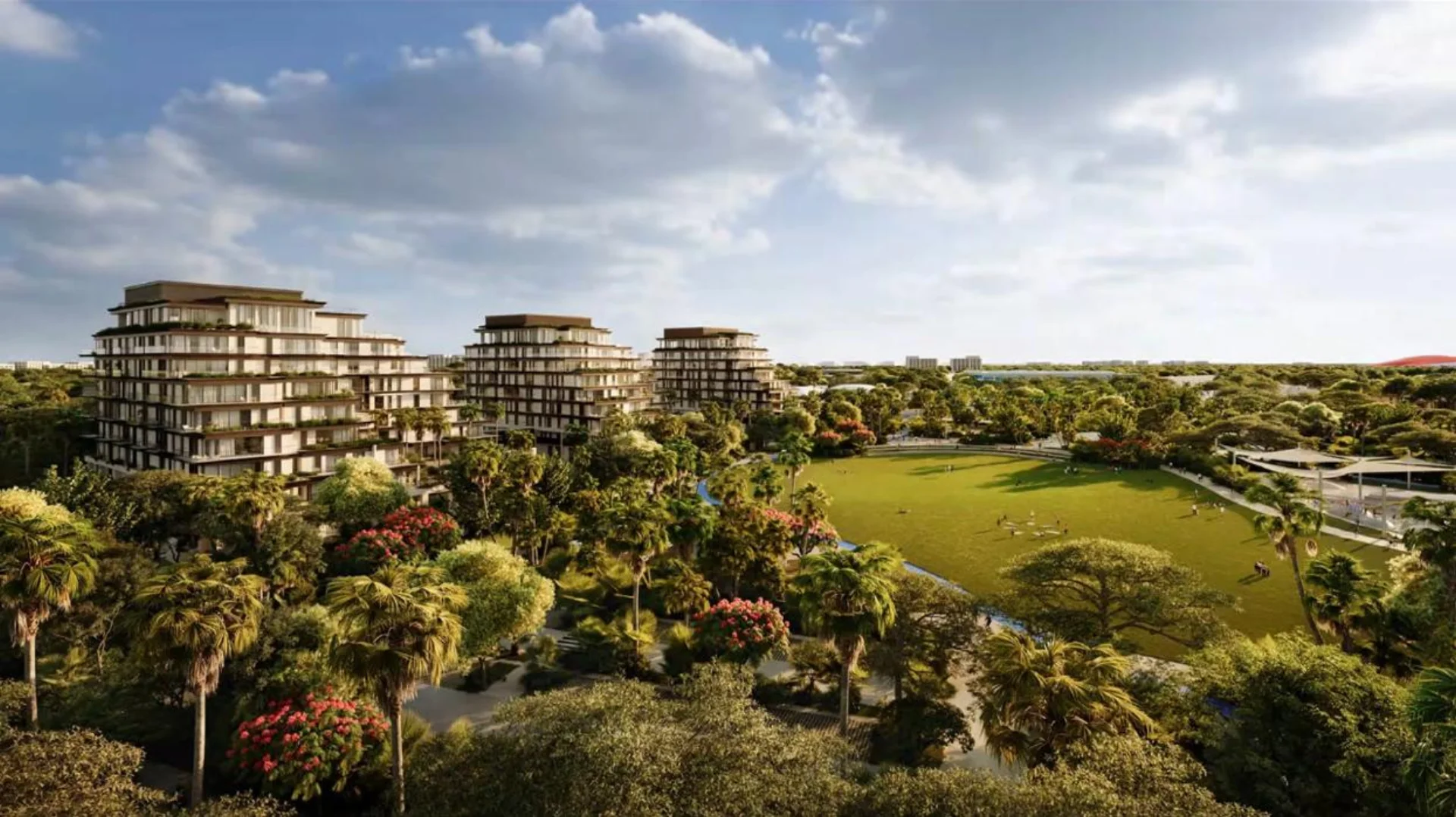 Sama Yas residential buildings exterior render overlooking parklands, Yas Island Abu Dhabi