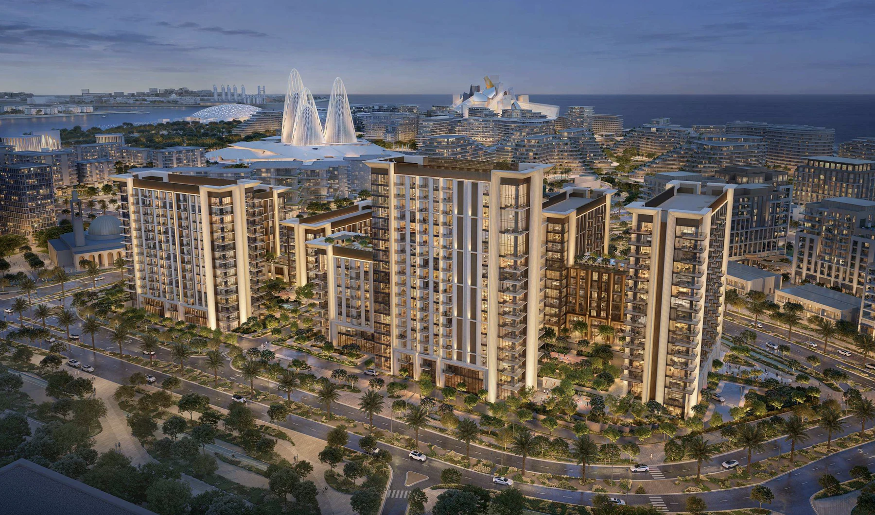 Sei Saadiyat aerial residential render at dusk