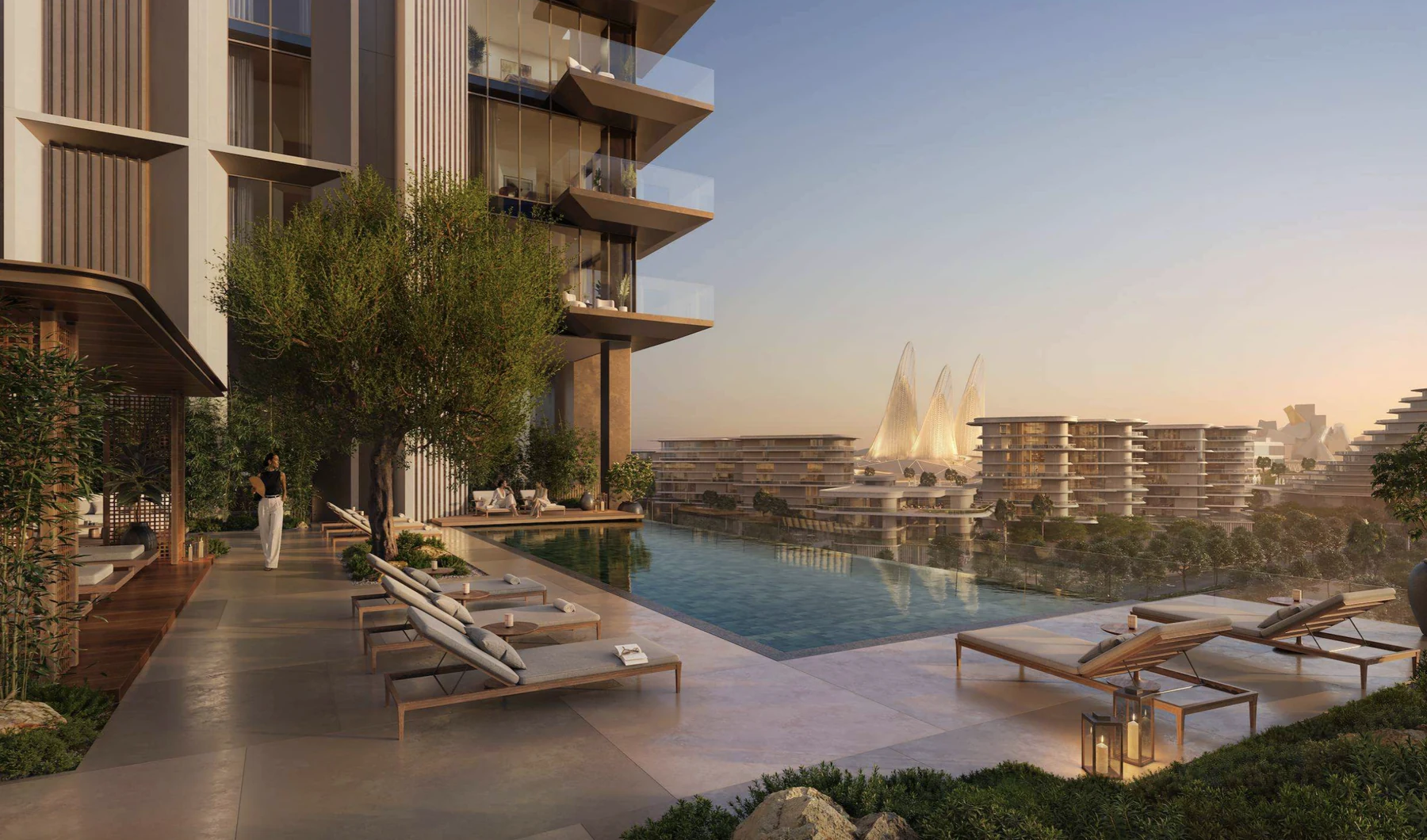 Sei Saadiyat residence pool terrace overlooking Saadiyat Cultural District at sunset