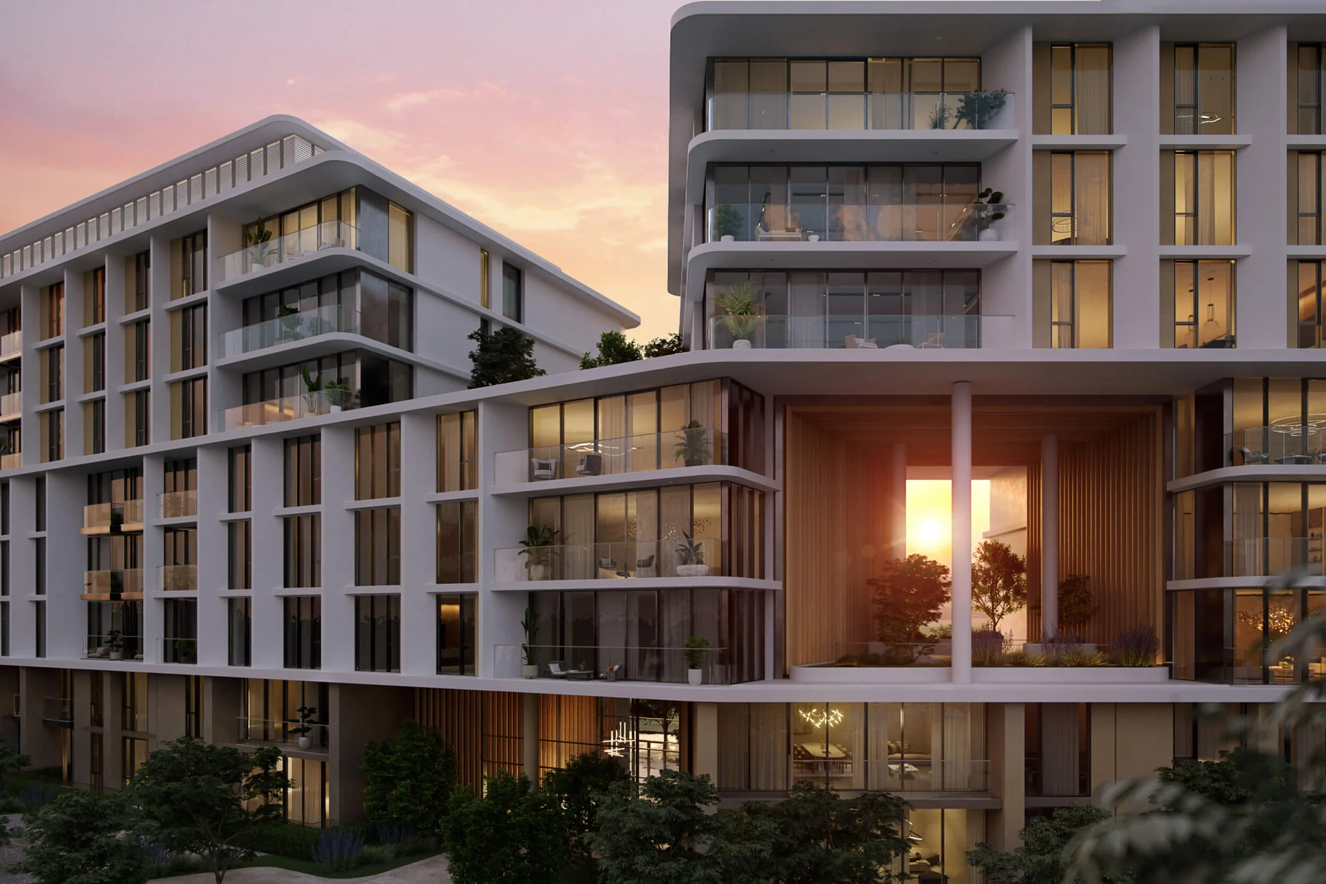 Solea Residences exterior architectural render at sunset