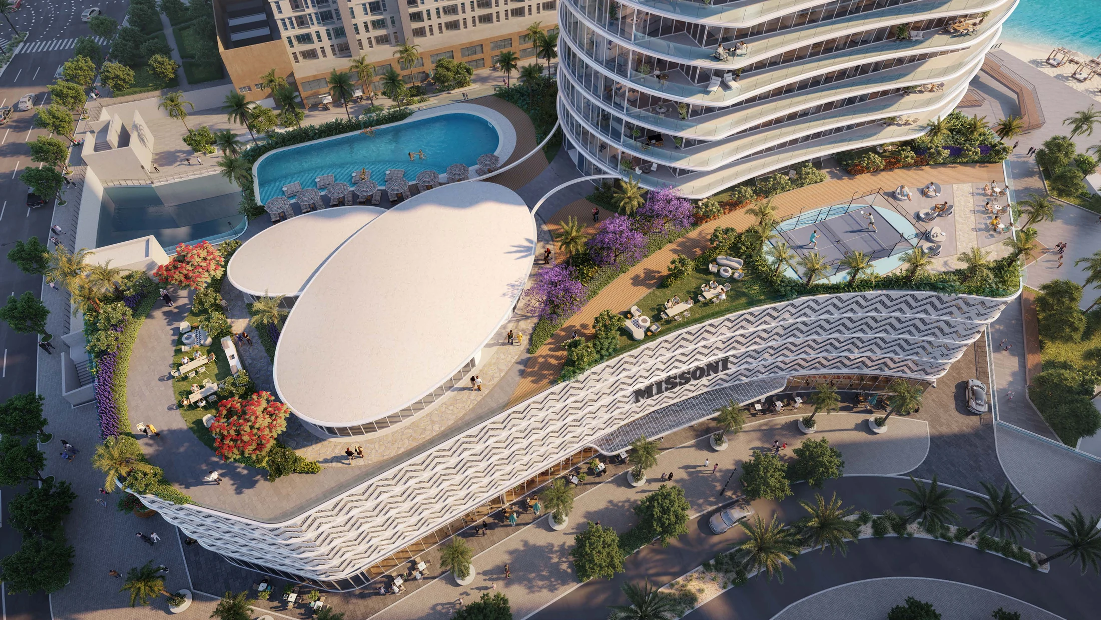 Aerial view of the Waterfront by Missoni landscaped amenity deck