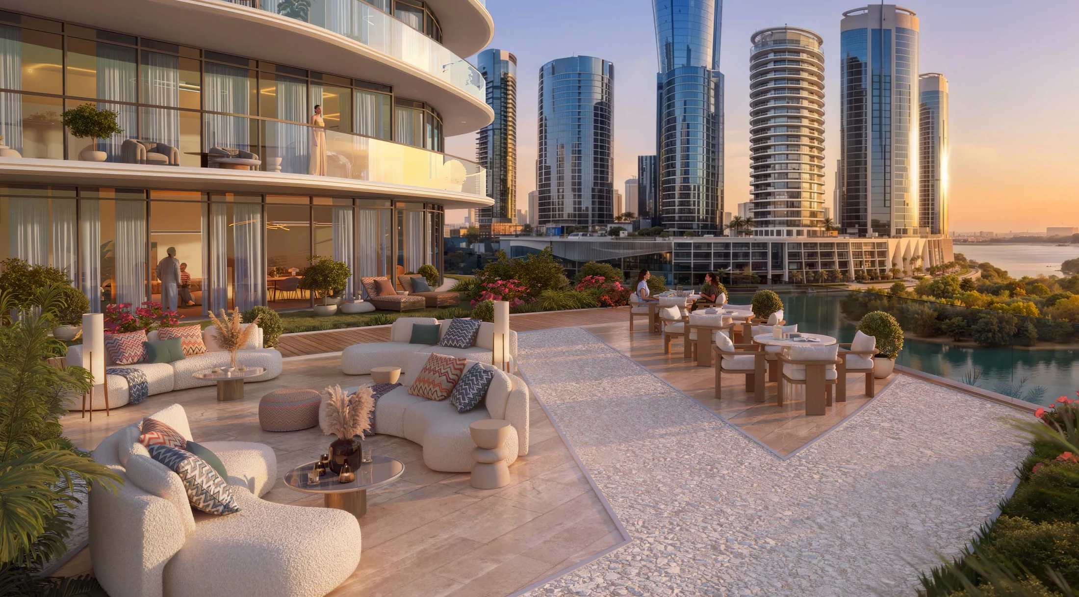 Exterior terrace and waterfront architecture at Waterfront by Missoni on Al Reem Island