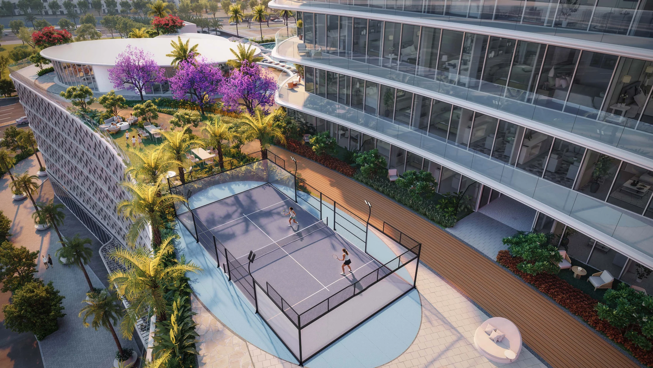 Padel court within the landscaped amenity deck at Waterfront by Missoni