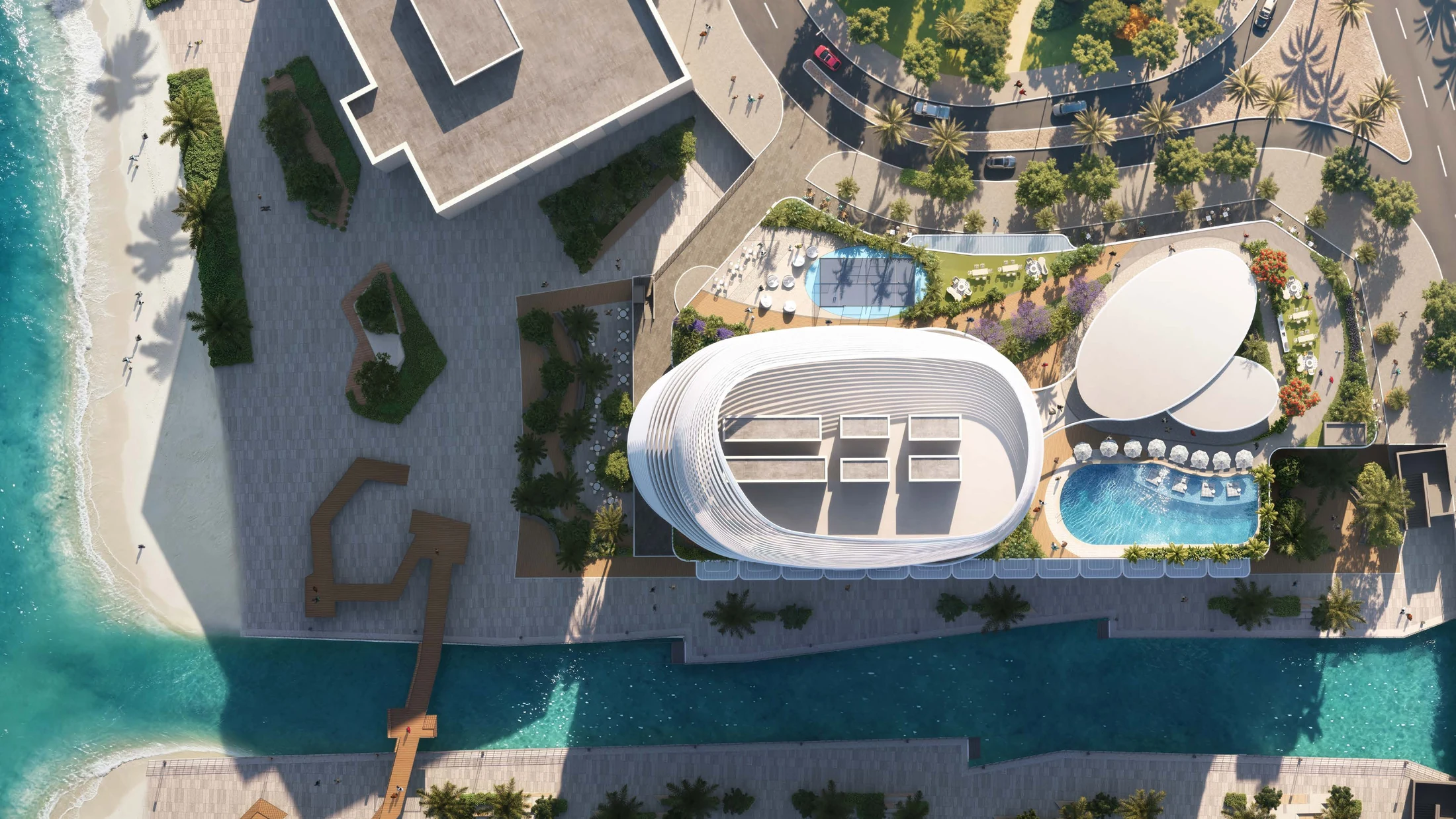 Aerial view of the Waterfront by Missoni pool podium and waterfront setting