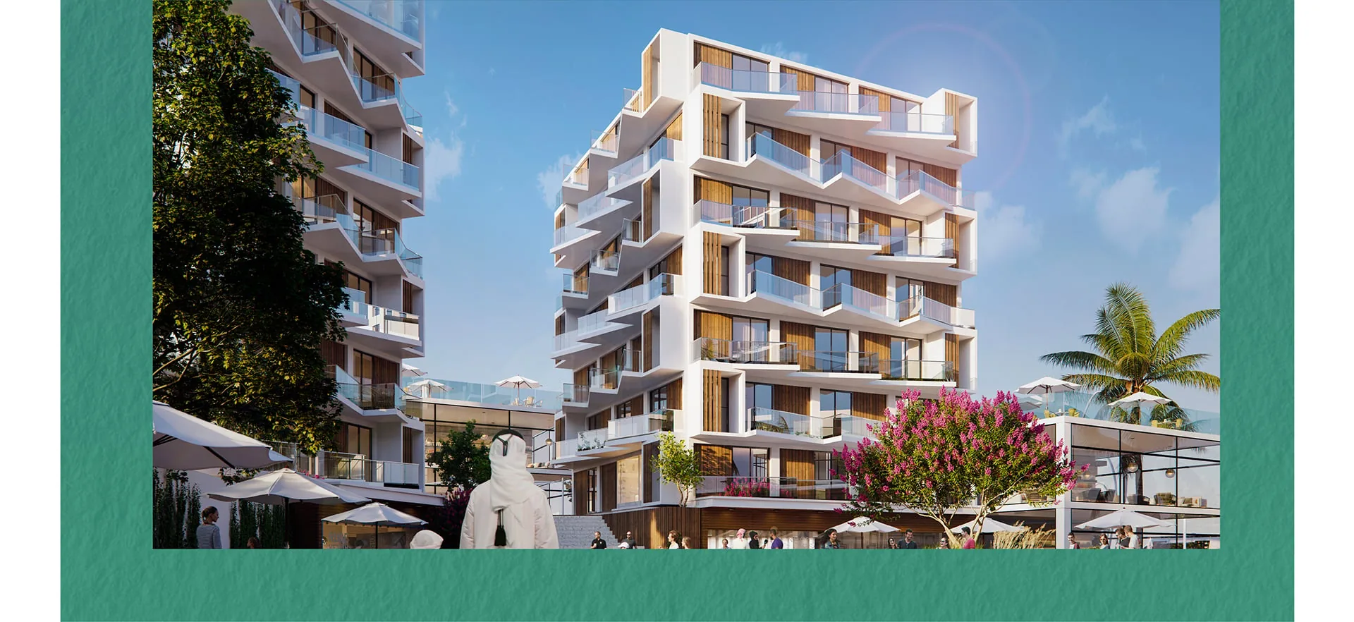 Waterfront buildings and landscaped public space at Yas Acres North Bay