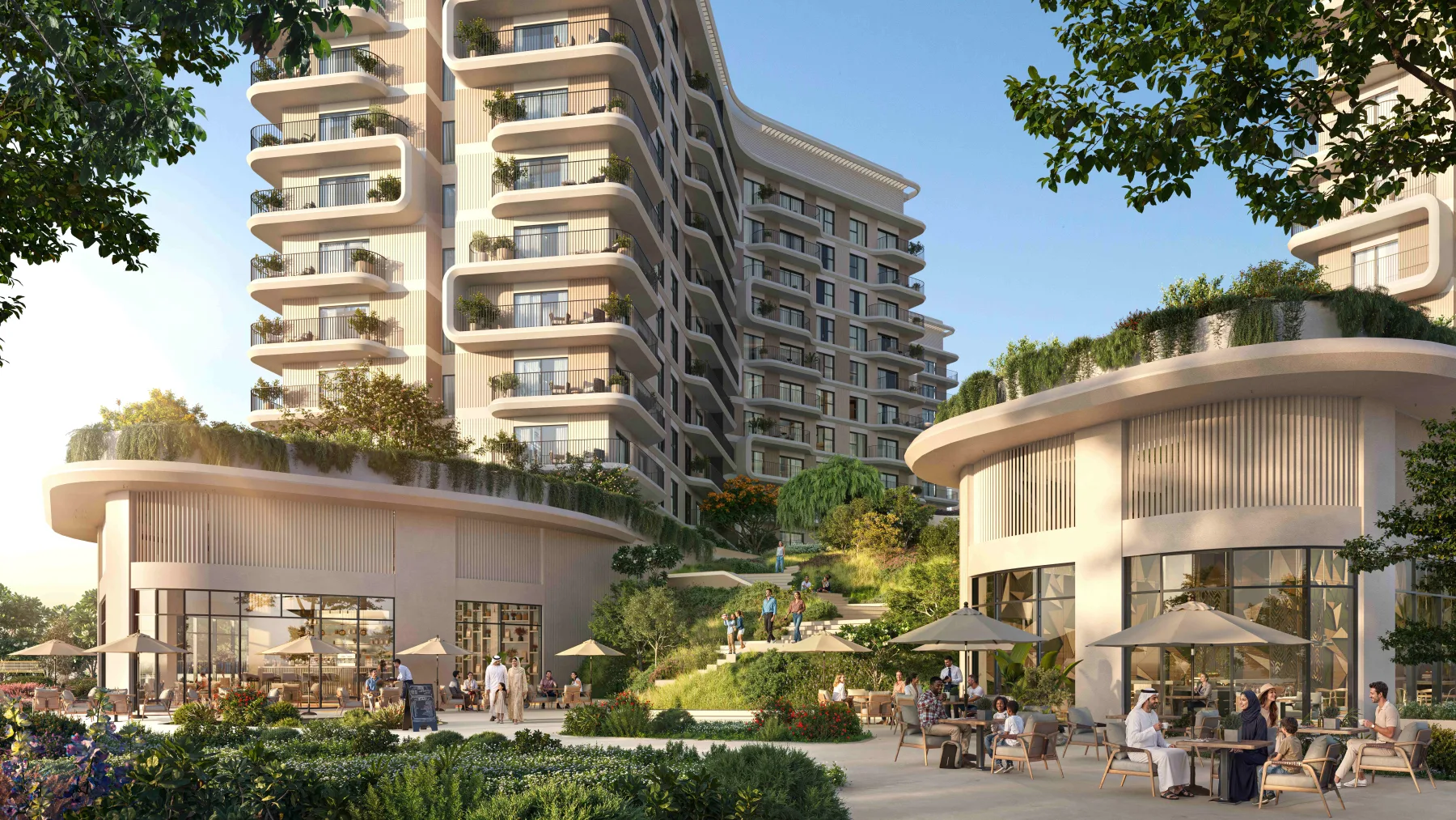 Yas Park Place residential buildings and landscaped public spaces on Yas Island