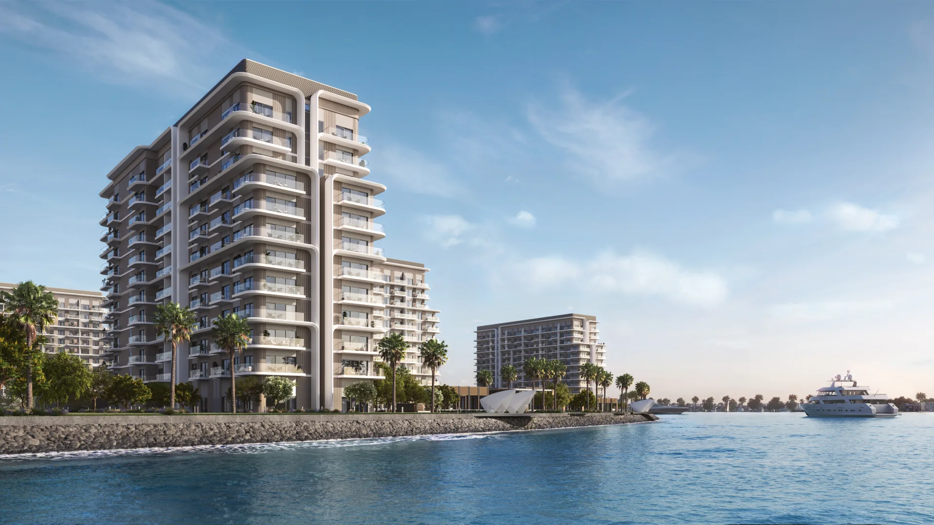 Residential exterior render at Yas Riva Residences