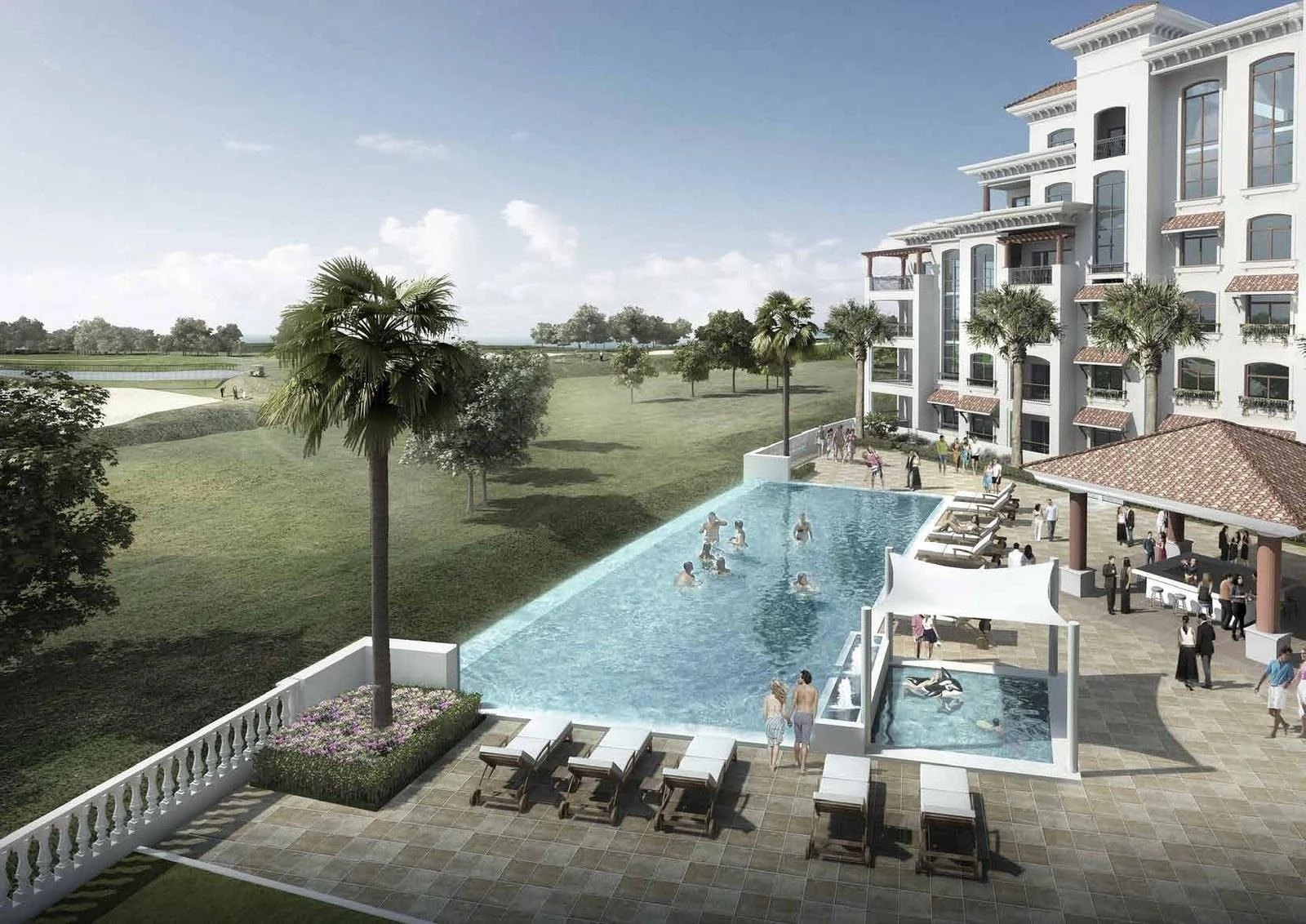 Pool deck at Ansam overlooking Yas Links | Aldar
